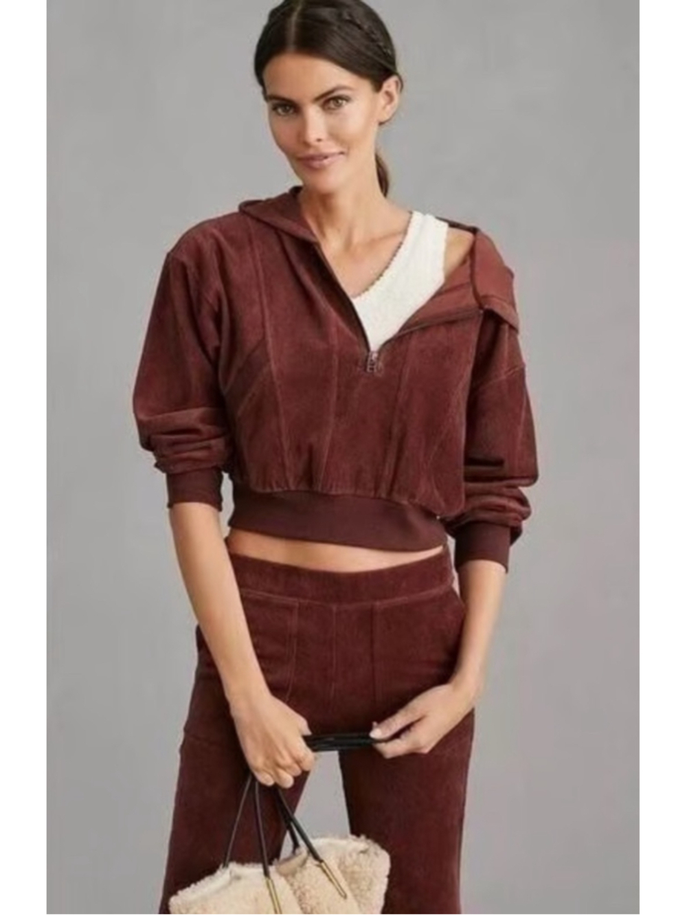 Anthropologie Daily Practice Corduroy Cropped Hoodie XS Half Zip Pullover